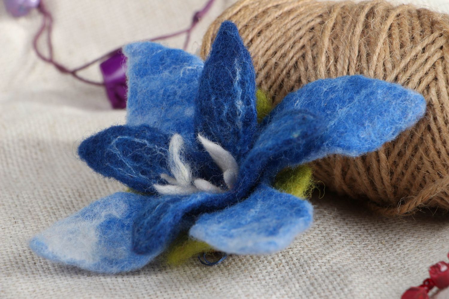 Woolen brooch Blue Flower photo 1