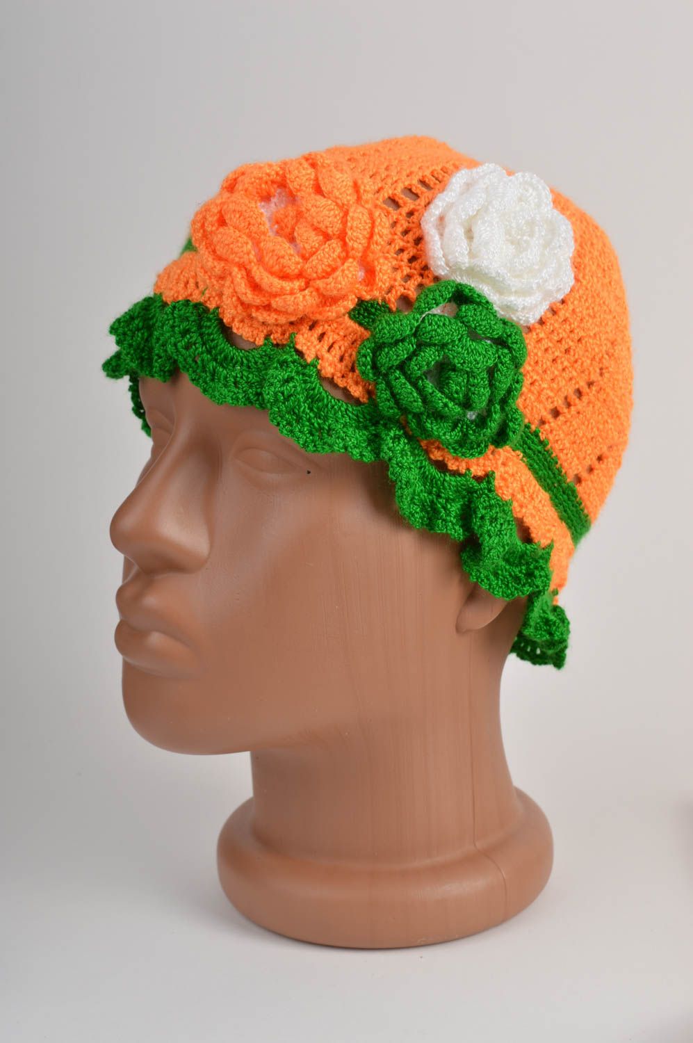 Bonnet tricot fait main Chapeau au crochet Accessoire pour fille orange vert photo 2