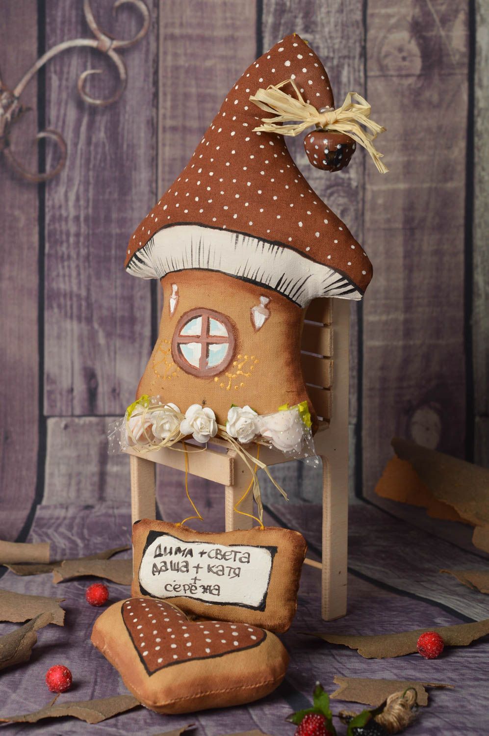 Игрушка домик грибочек игрушка ручной работы настенный декор коричневый фото 1