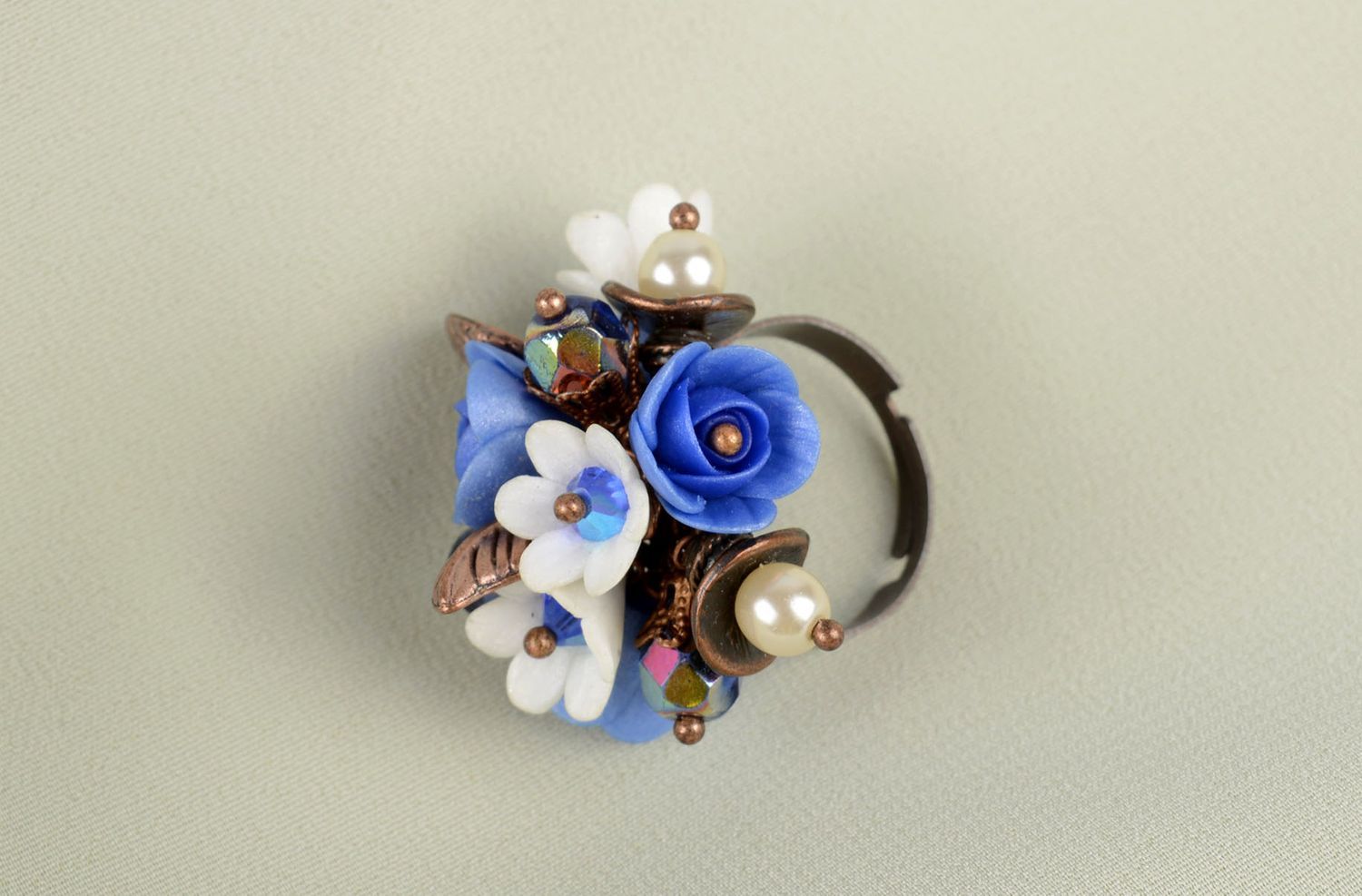 Handmade Accessoire für Frauen Blumen Ring Polymer Schmuck blaue Blumen foto 5