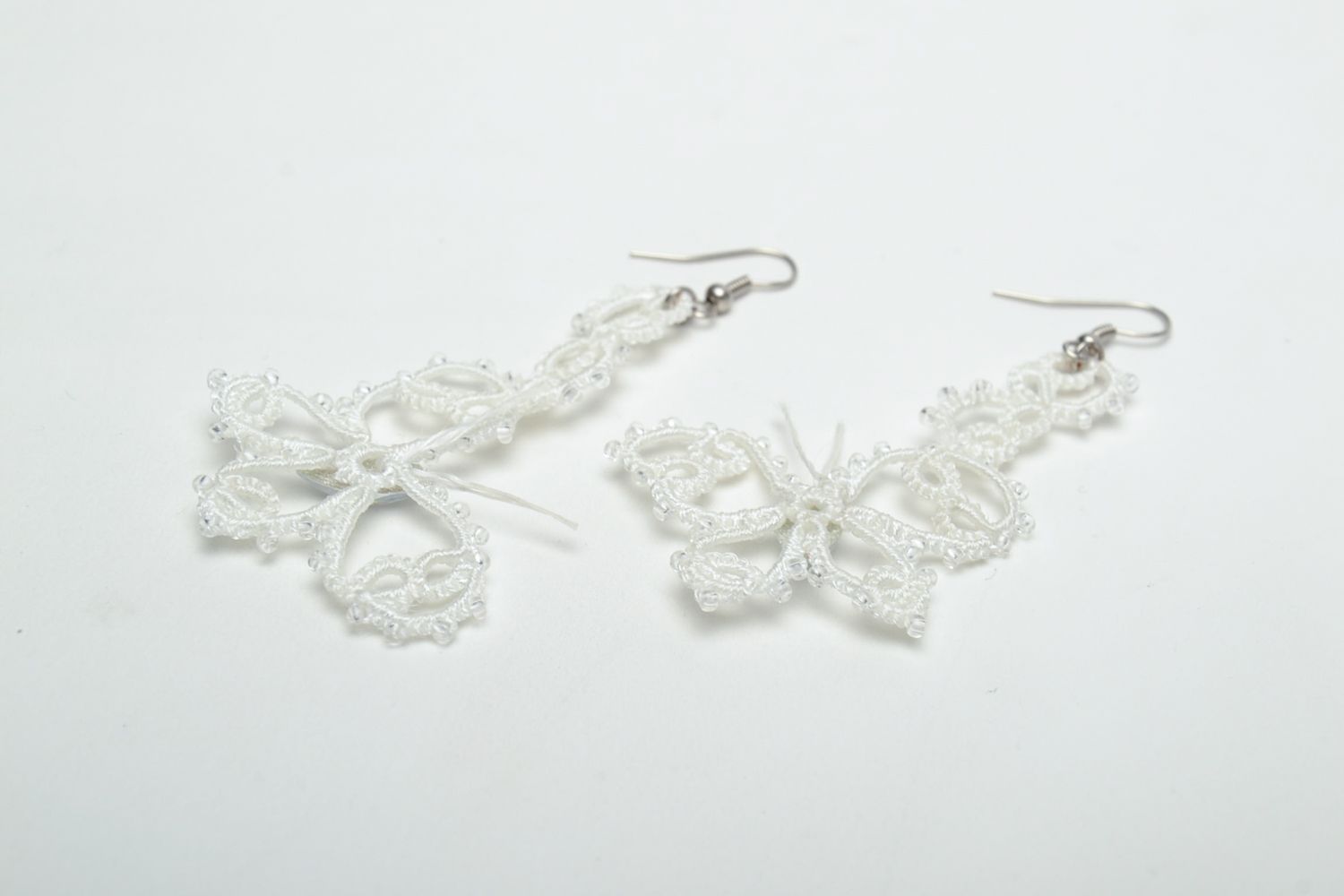 Lace earrings with beads made using tatting technique Butterflies photo 4