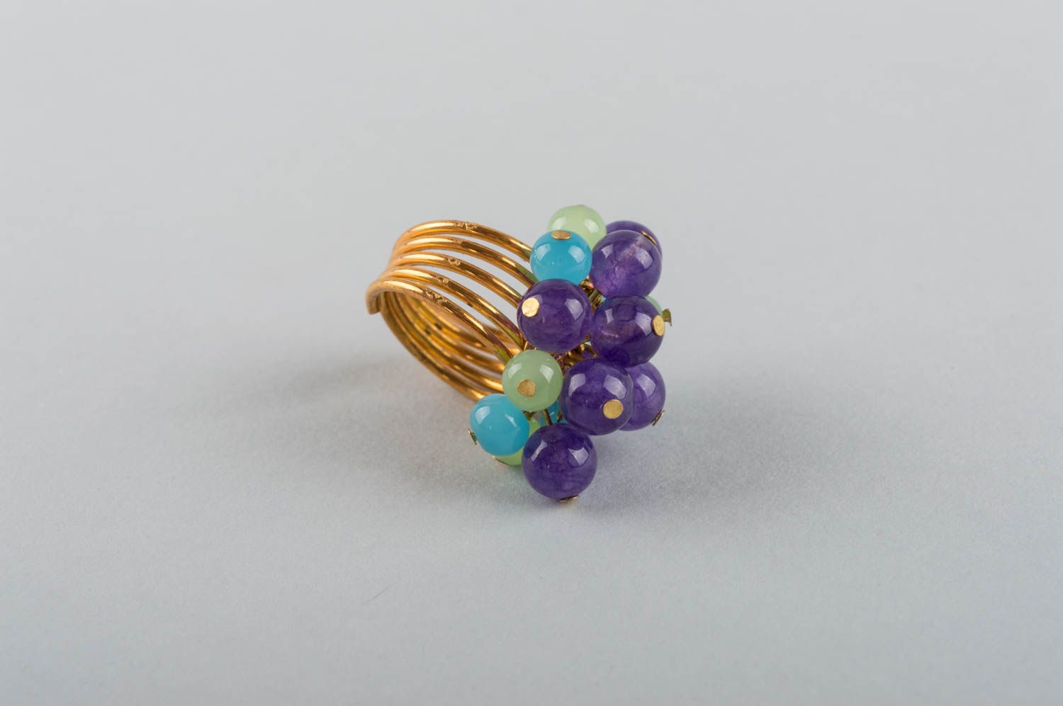 Handmade jewelry ring with latten basis and natural stone beads in blue colors photo 4