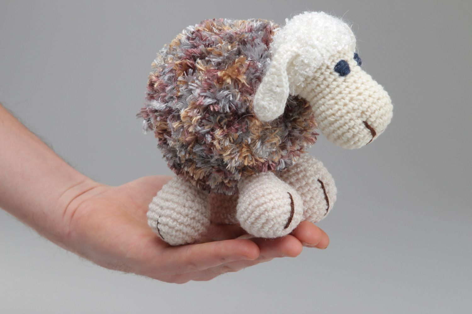 Small cute handmade soft toy crocheted of woolen and fluffy threads Lamb photo 4