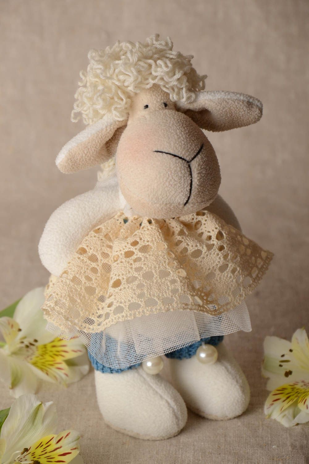 Decorative handmade soft toy sheep in dress made of natural fabrics for home photo 1