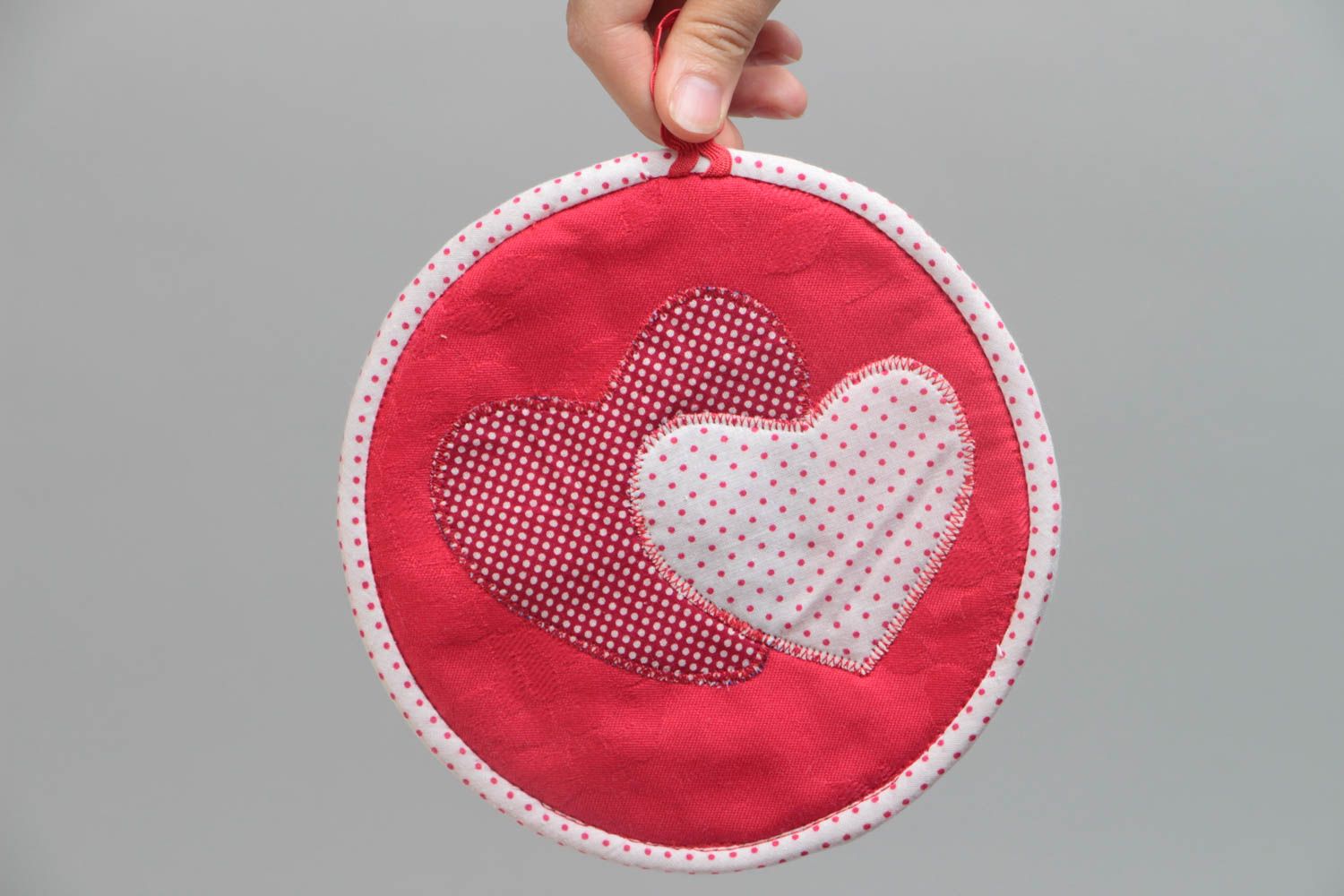 Red polka dot handmade cotton fabric pot holder with hearts photo 5