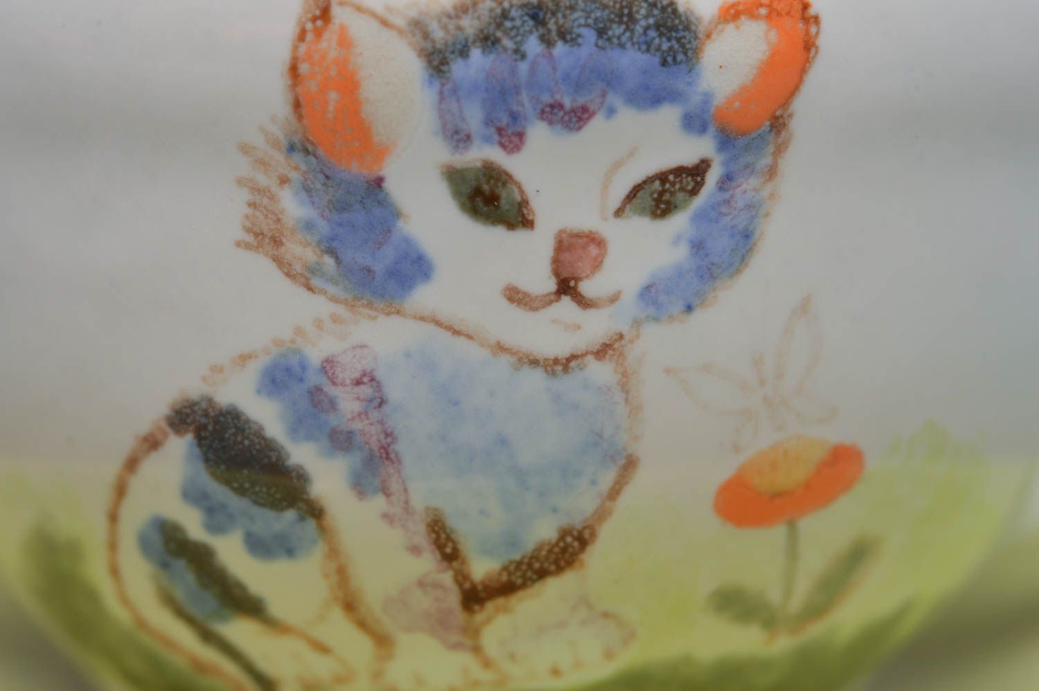 Porcelain drinking 5 oz cup with two handles and a saucer with hand-painted kitty pattern photo 2