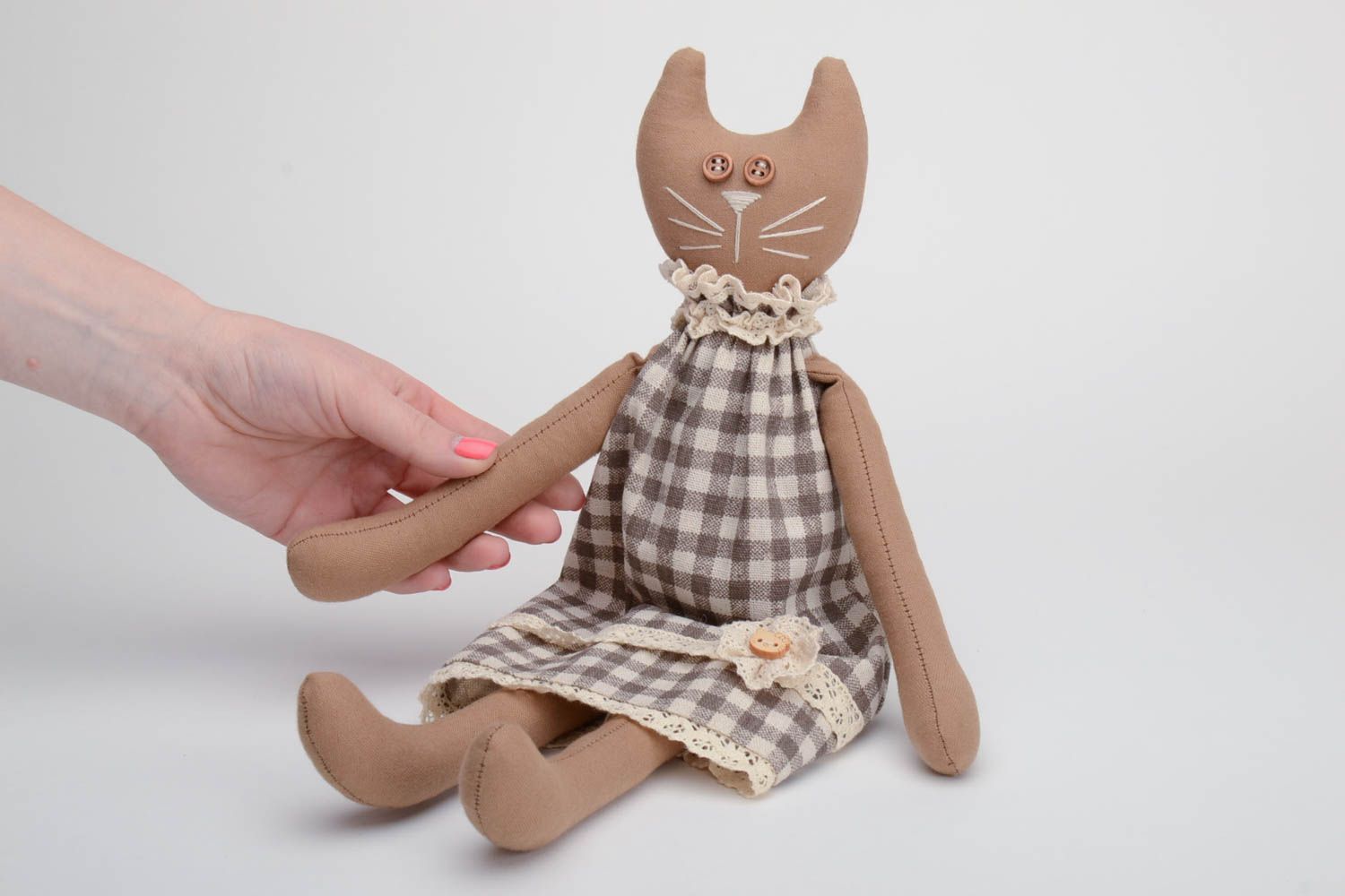 Handmade designer cotton fabric soft toy brown cat girl in checkered dress photo 5