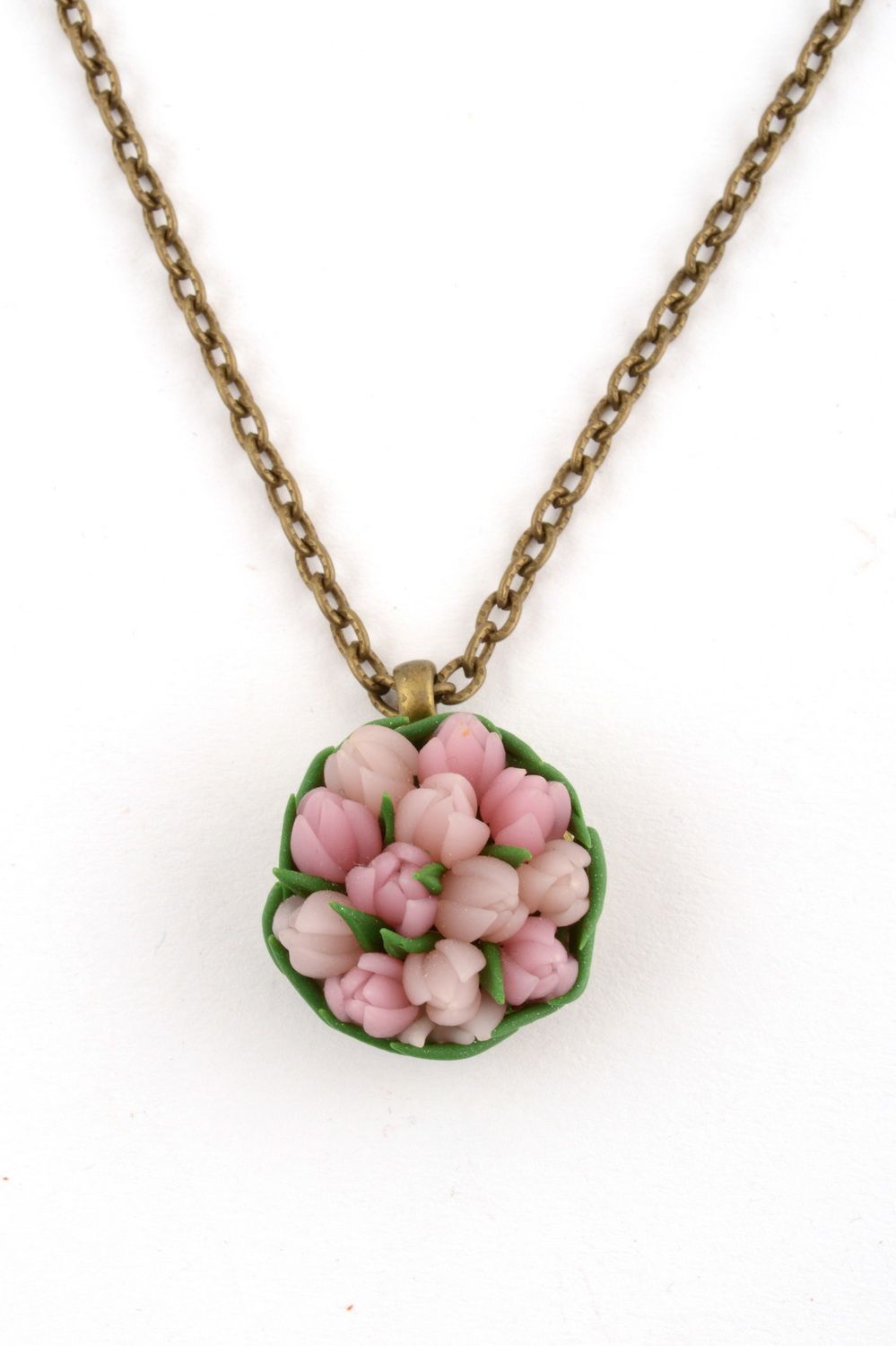Tender small designer handmade polymer clay pendant with pink tulips on chain photo 2
