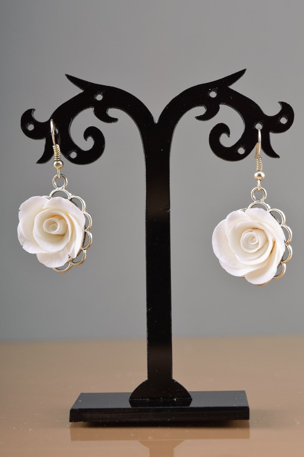 Beautiful festive elegant handmade polymer clay flower earrings in the shape of white roses  photo 5