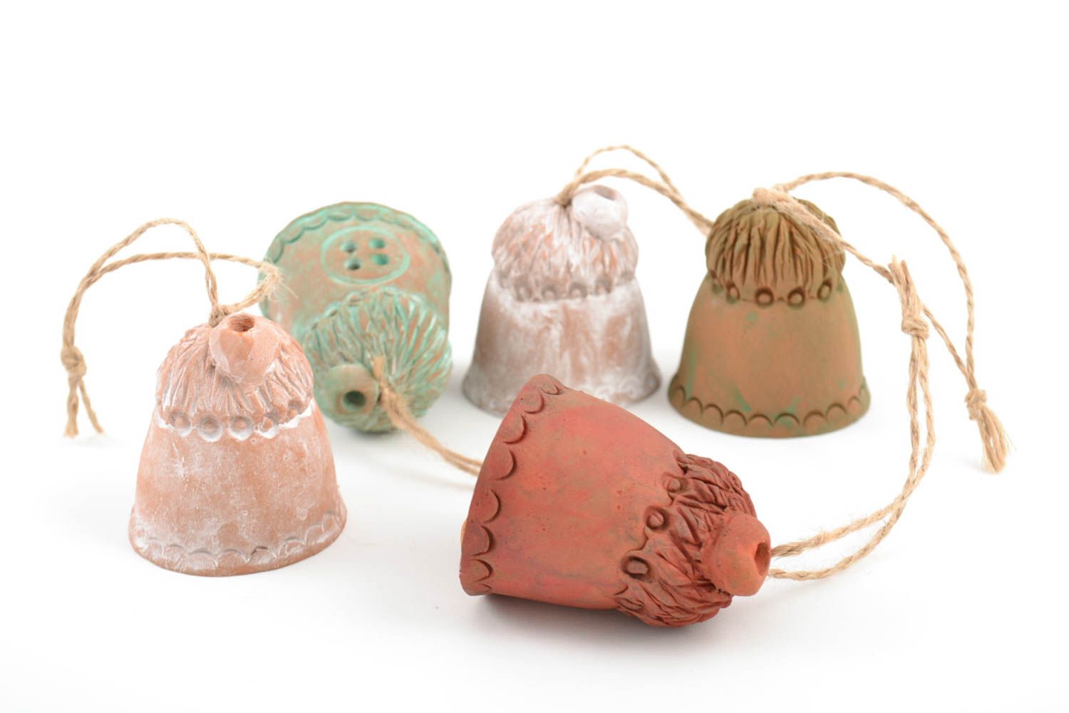 Set of handmade ceramic bells houses 5 pieces made of red clay for home decor photo 5