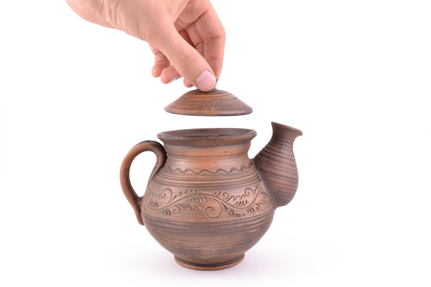Handmade small ceramic teapot decorated with ornaments kilned with milk 400 ml photo 2