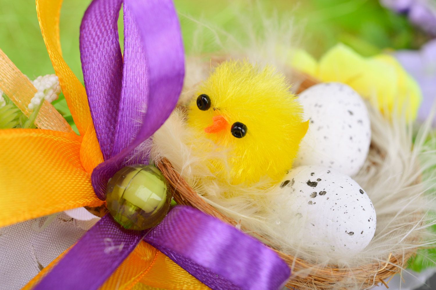 Handmade decorative woven Easter basket with flowers and chicken for desktop decor photo 4