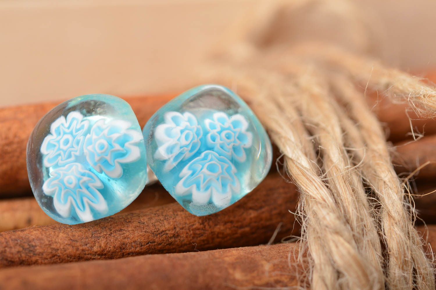 Handmade small stud millefiory glass earrings transparent with blue flowers photo 1