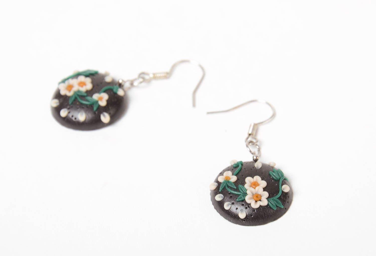 Handmade small round dangling earrings molded of polymer clay with flowers photo 5