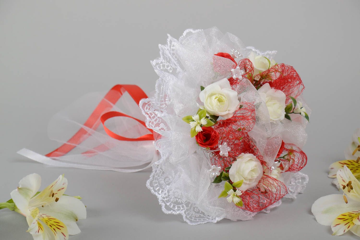 Beautiful homemade designer satin ribbon bridal flower bouquet photo 1