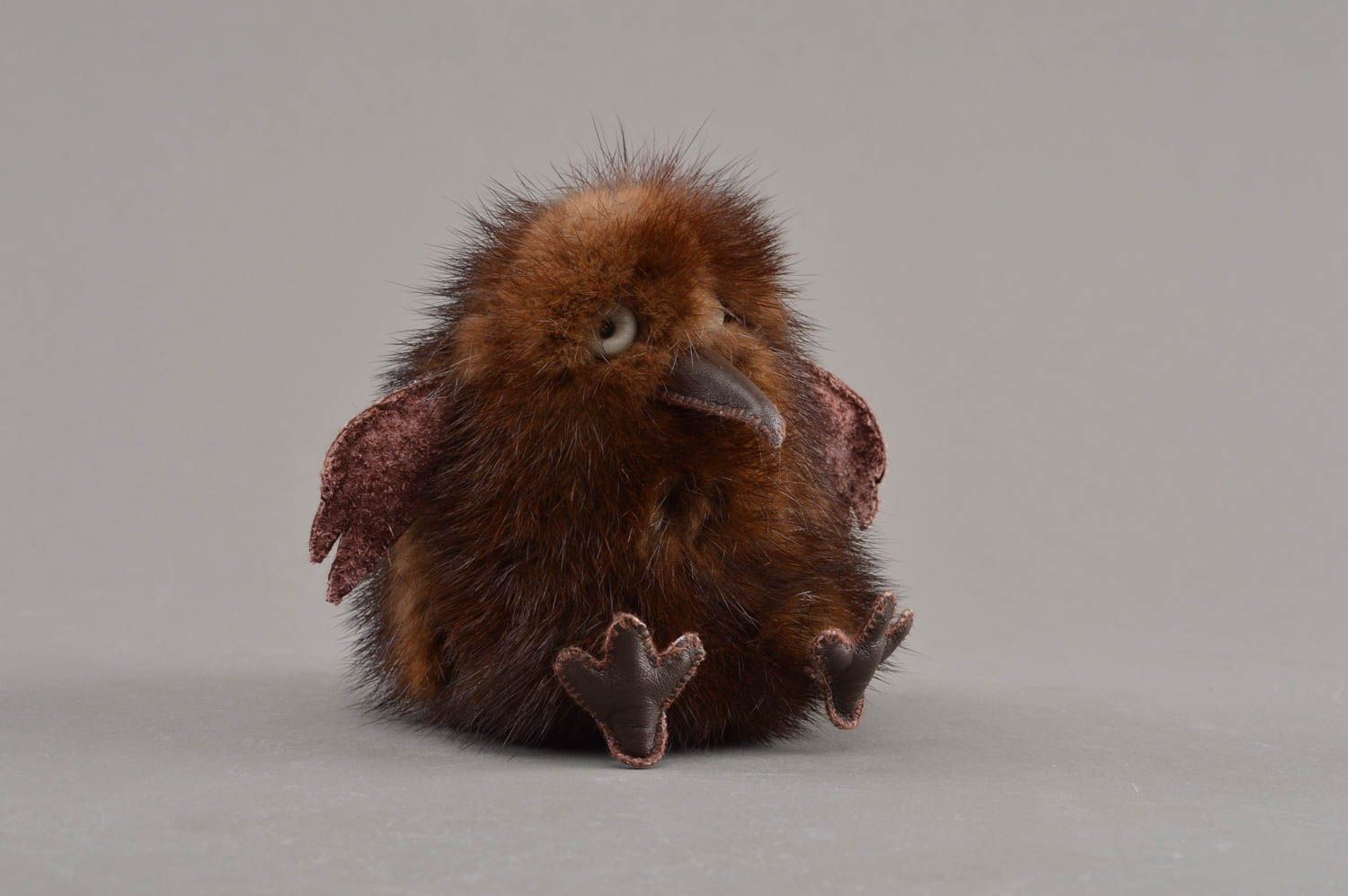 Beautiful small handmade brown soft toy bird created of natural fur home decor photo 1