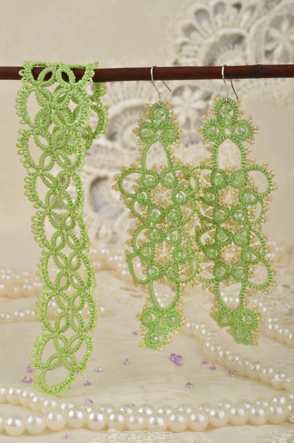 Handmade designer jewelry set tatting lace earrings and bracelet with beads photo 5