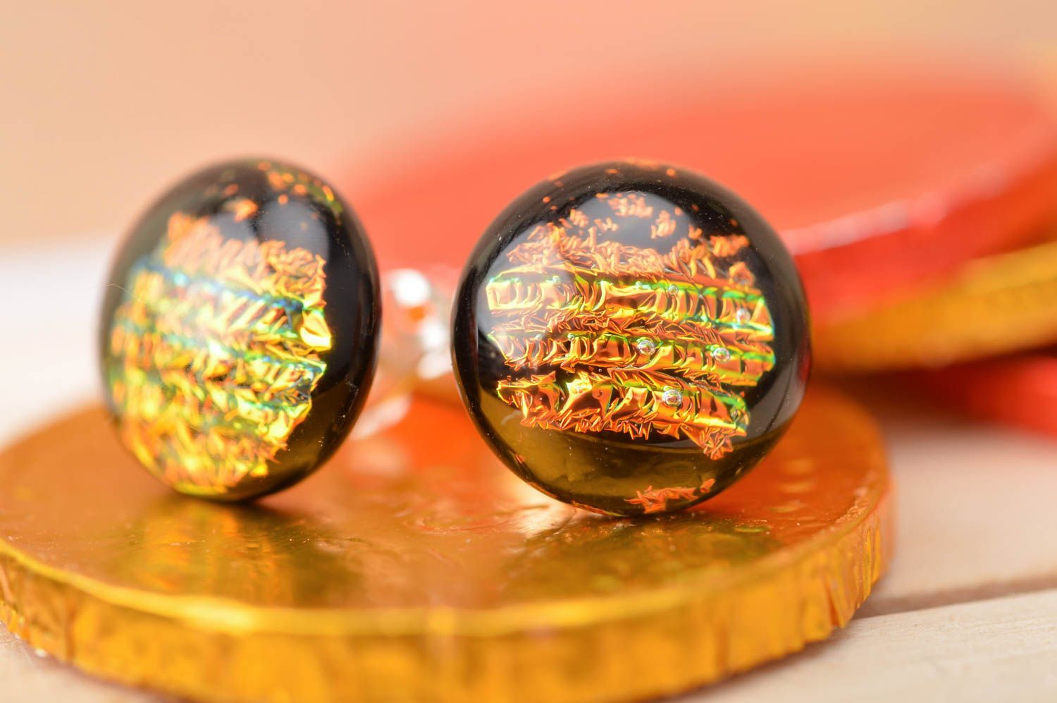 Beautiful handmade dichroic glass stud earrings of round shape Polar Lights photo 4