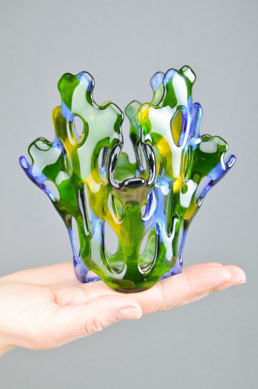 Handmade decorative fancy fused glass candle holder in blue and green colors photo 3