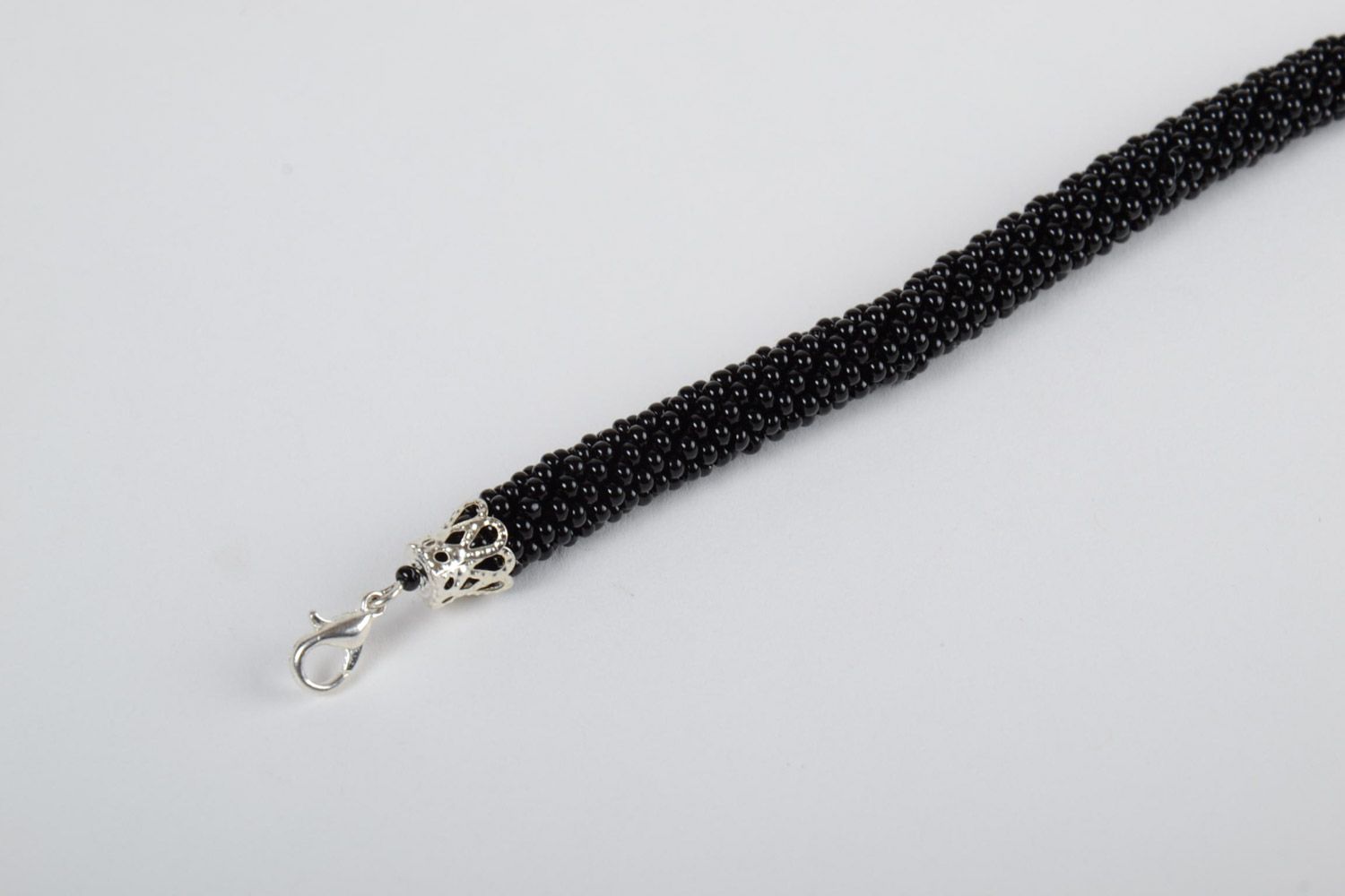 Beautiful women's handmade beaded cord wrist bracelet woven of Czech beads Black photo 3