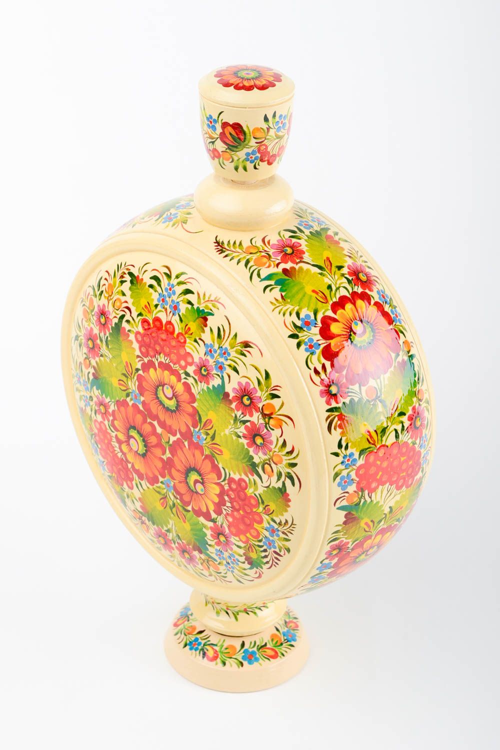 13 inches circle shape wooden decorative wine carafe on stand and lid in floral décor 2,03 lb photo 4