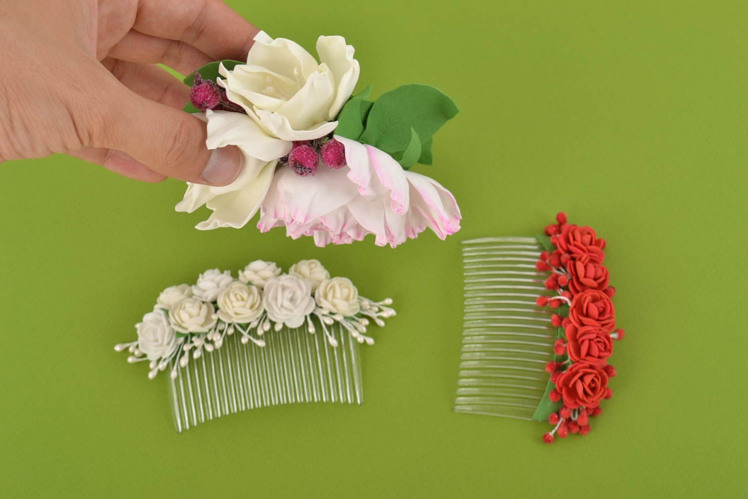 Beautiful handmade combs for hair with flowers made of foamiran set of 3 items photo 10