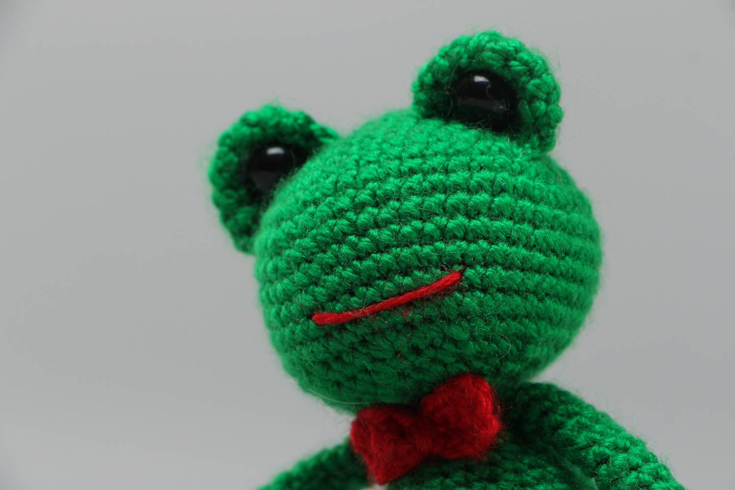 Handmade soft toy crocheted of acrylic threads bright green frog for children photo 3