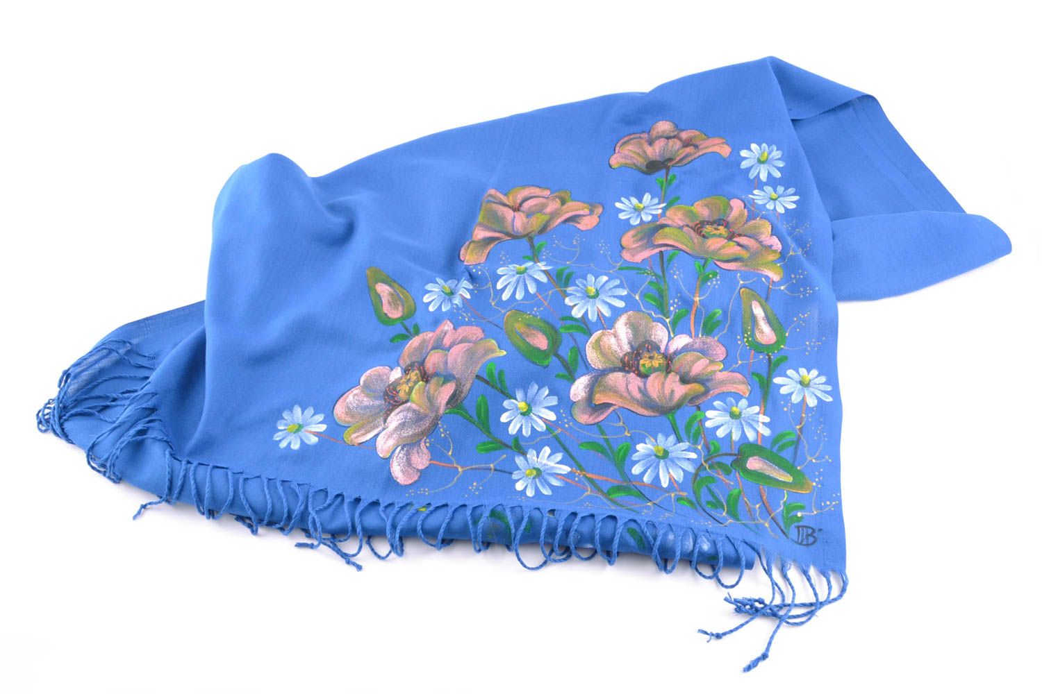 Красивый шарф с росписью из кашемира синий фото 3