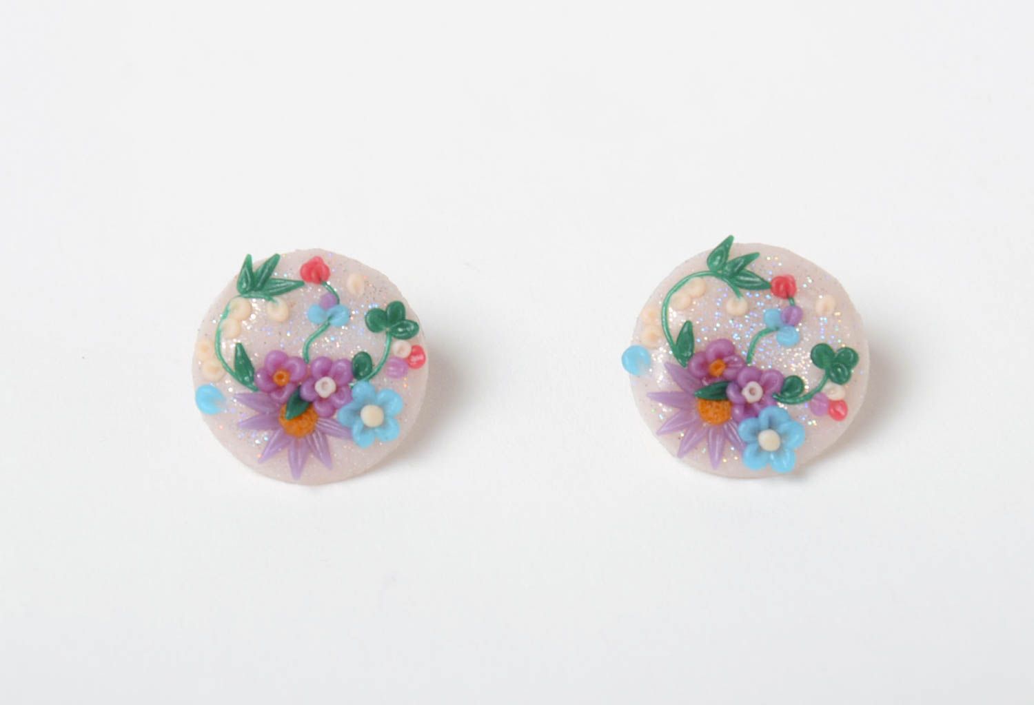 Handmade small polymer clay round stud earrings with colorful relief flowers photo 3