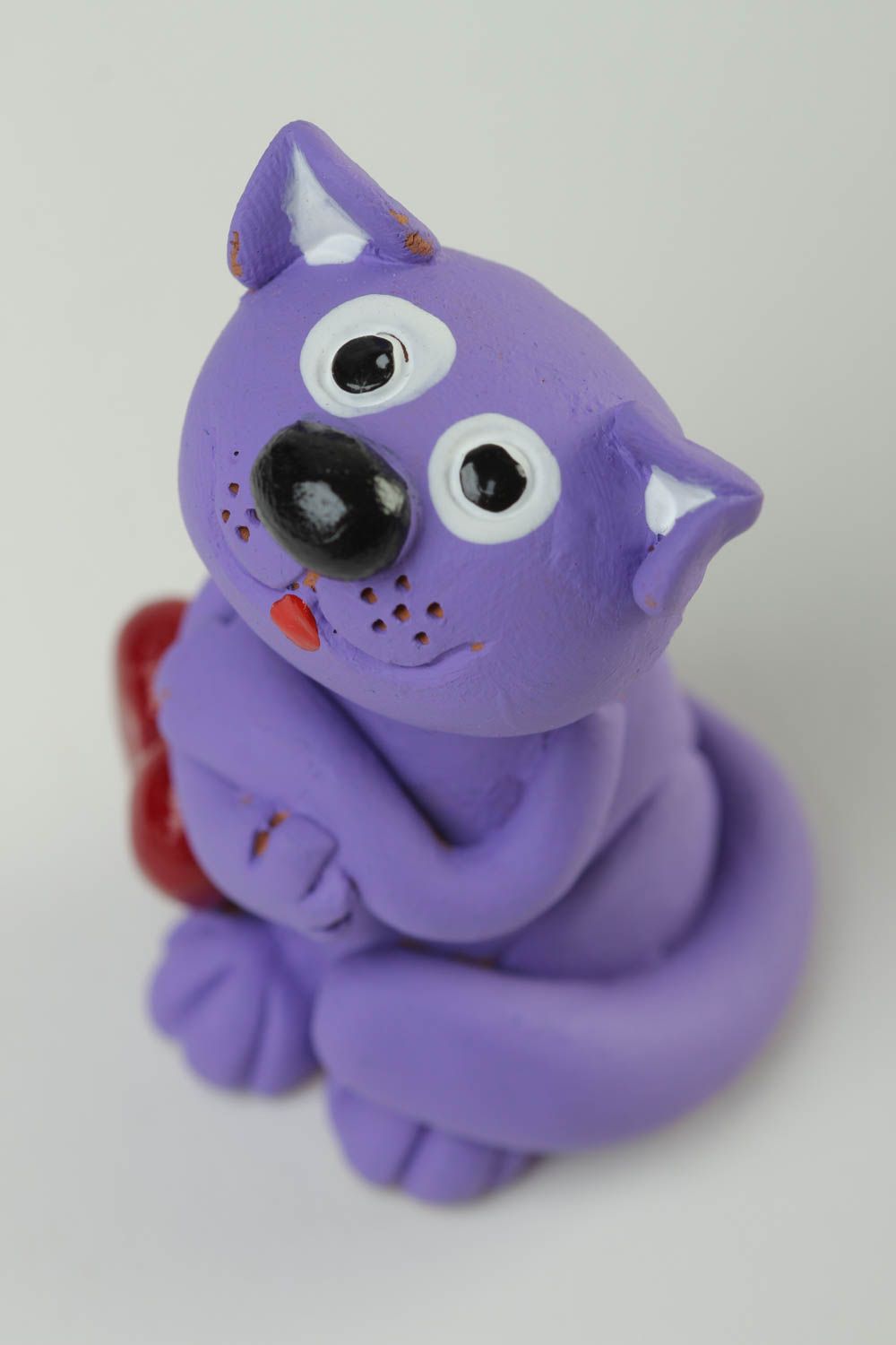 Statuette décorative Figurine fait main petit chat violet en argile Déco maison photo 3