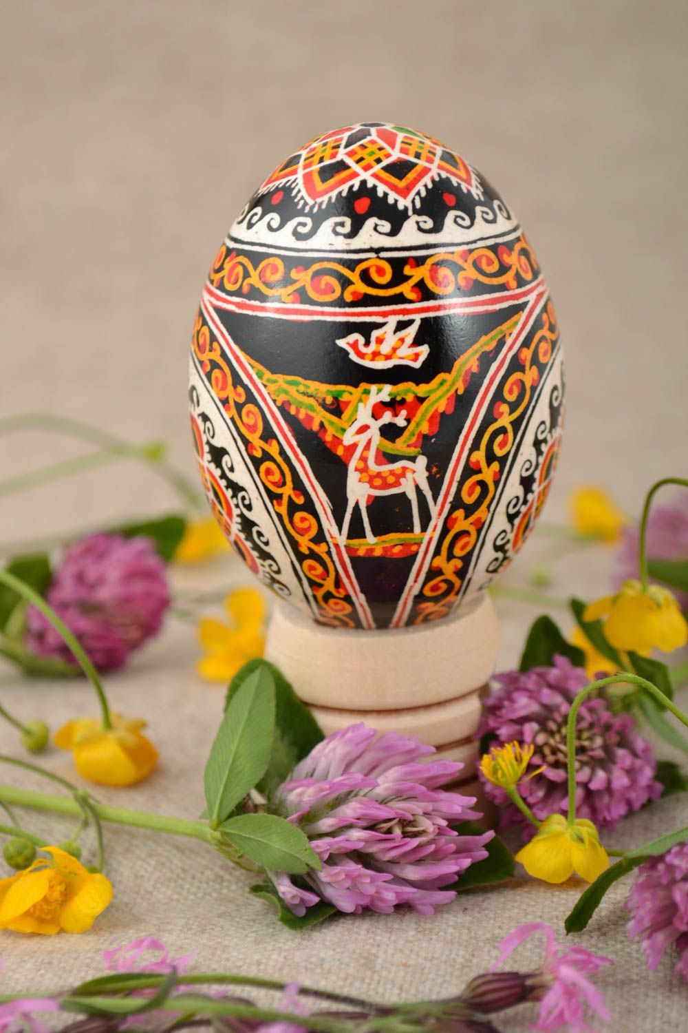 Handmade decorative pysanka Easter egg painted with acrylics Deer and Bird photo 1
