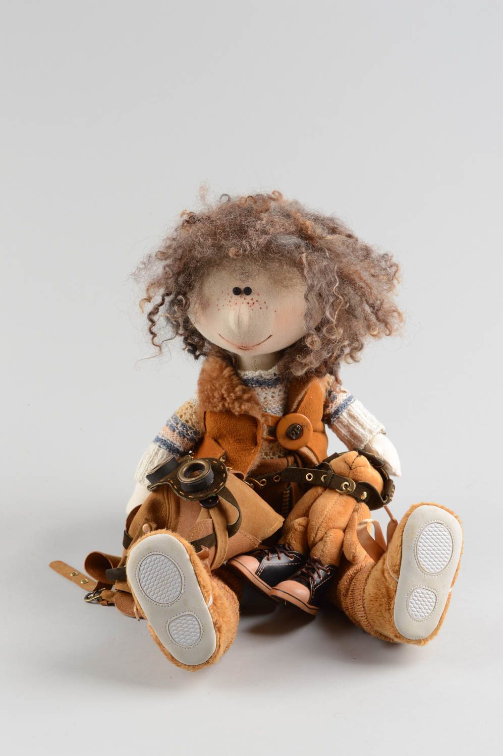 Handmade designer soft doll sewn of linen in the shape of aviator with bear  photo 4