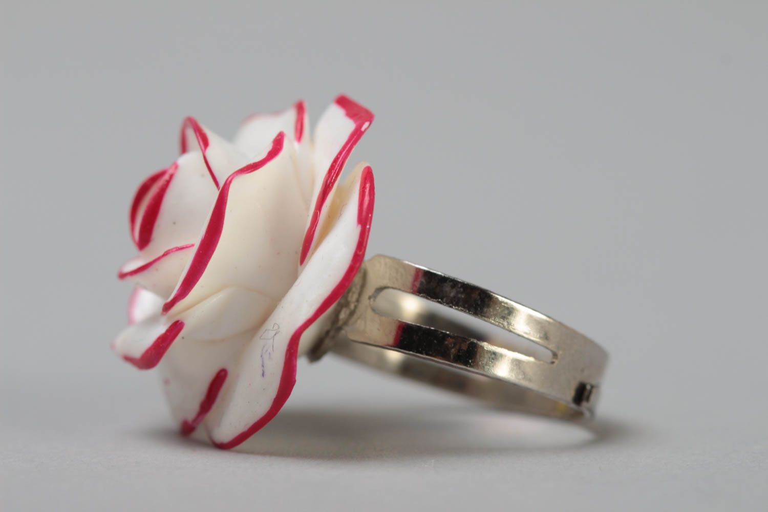 Handmade designer jewelry ring on metal basis with polymer clay white rose  photo 3