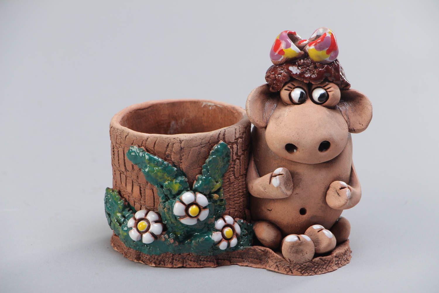 Handmade designer ceramic holder for pencils and other stationery with figurine photo 2