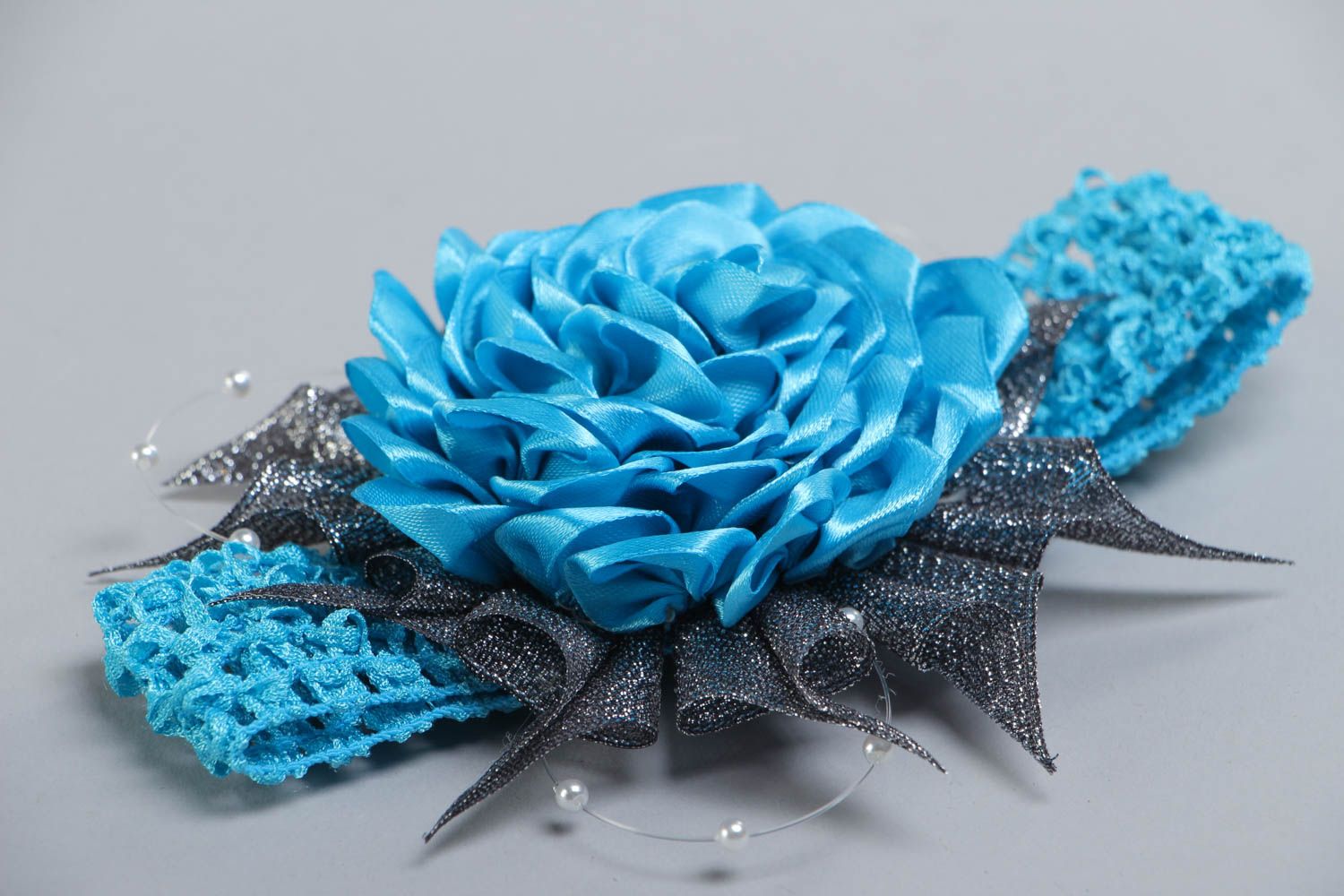 Beautiful blue handmade kanzashi satin flower hair strap photo 3