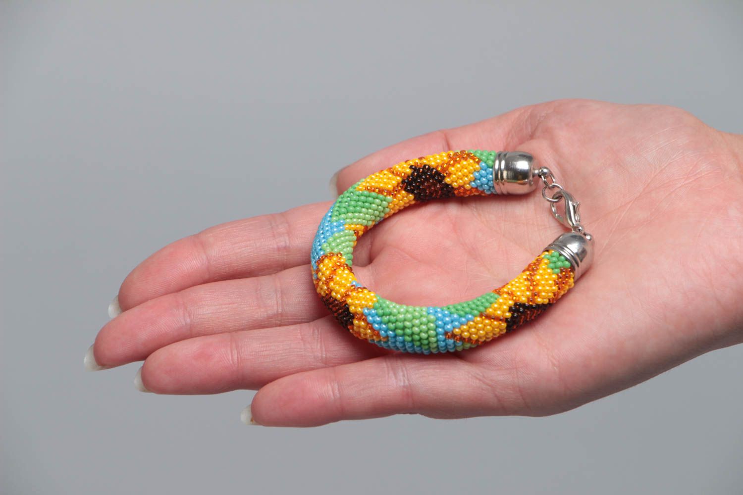 Handmade designer beaded cord wrist bracelet with bright sunflowers ornament photo 5