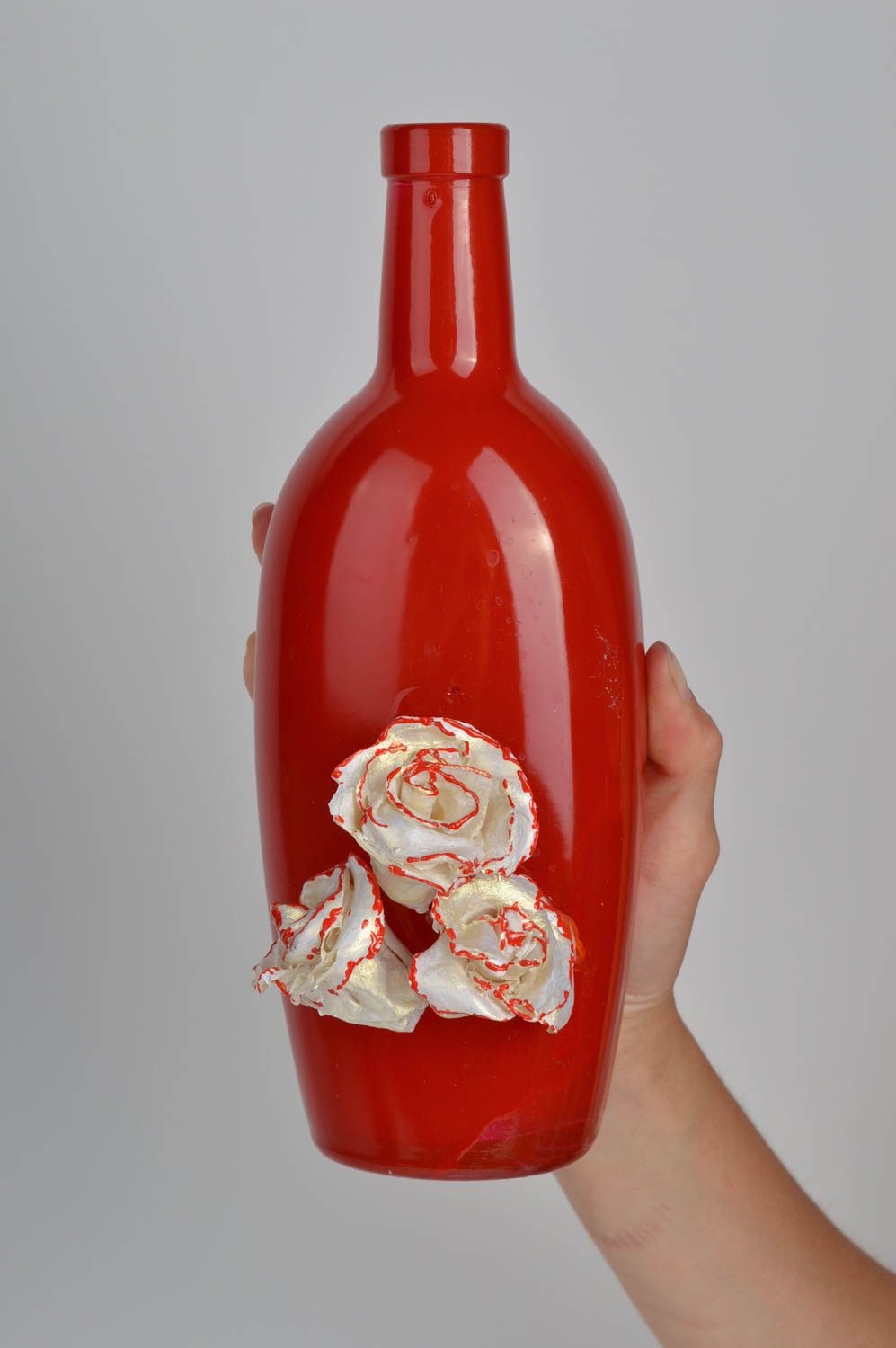 Красная стеклянная бутылка хенд мейд необычный подарок красивая посуда 500 мл фото 5