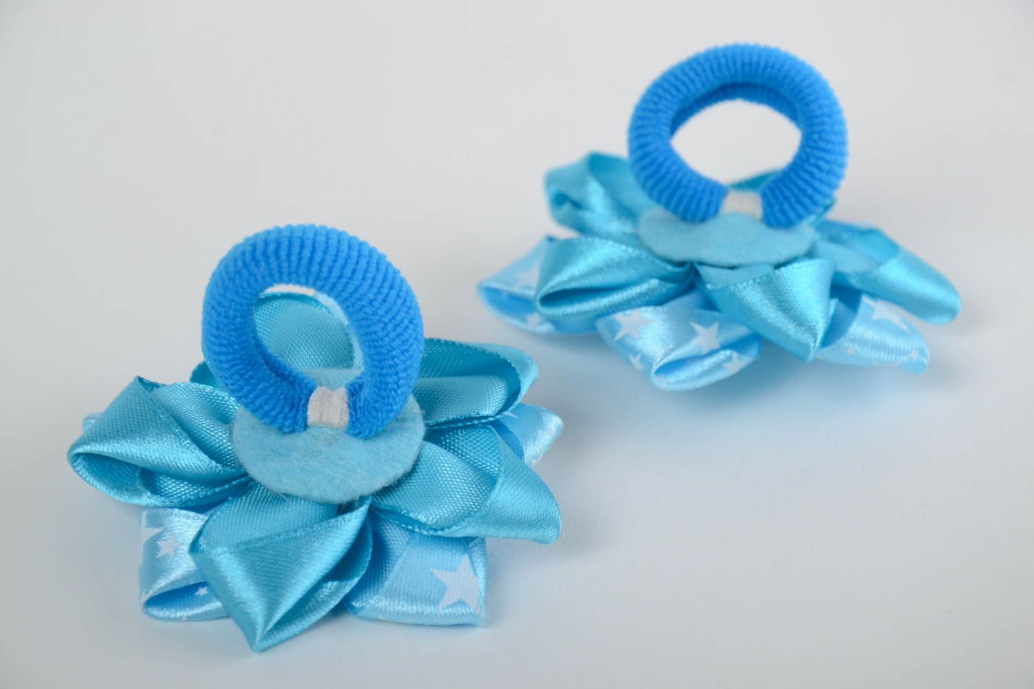 Handmade blue hair ties with flowers of satin ribbons for kids 2 pieces photo 3