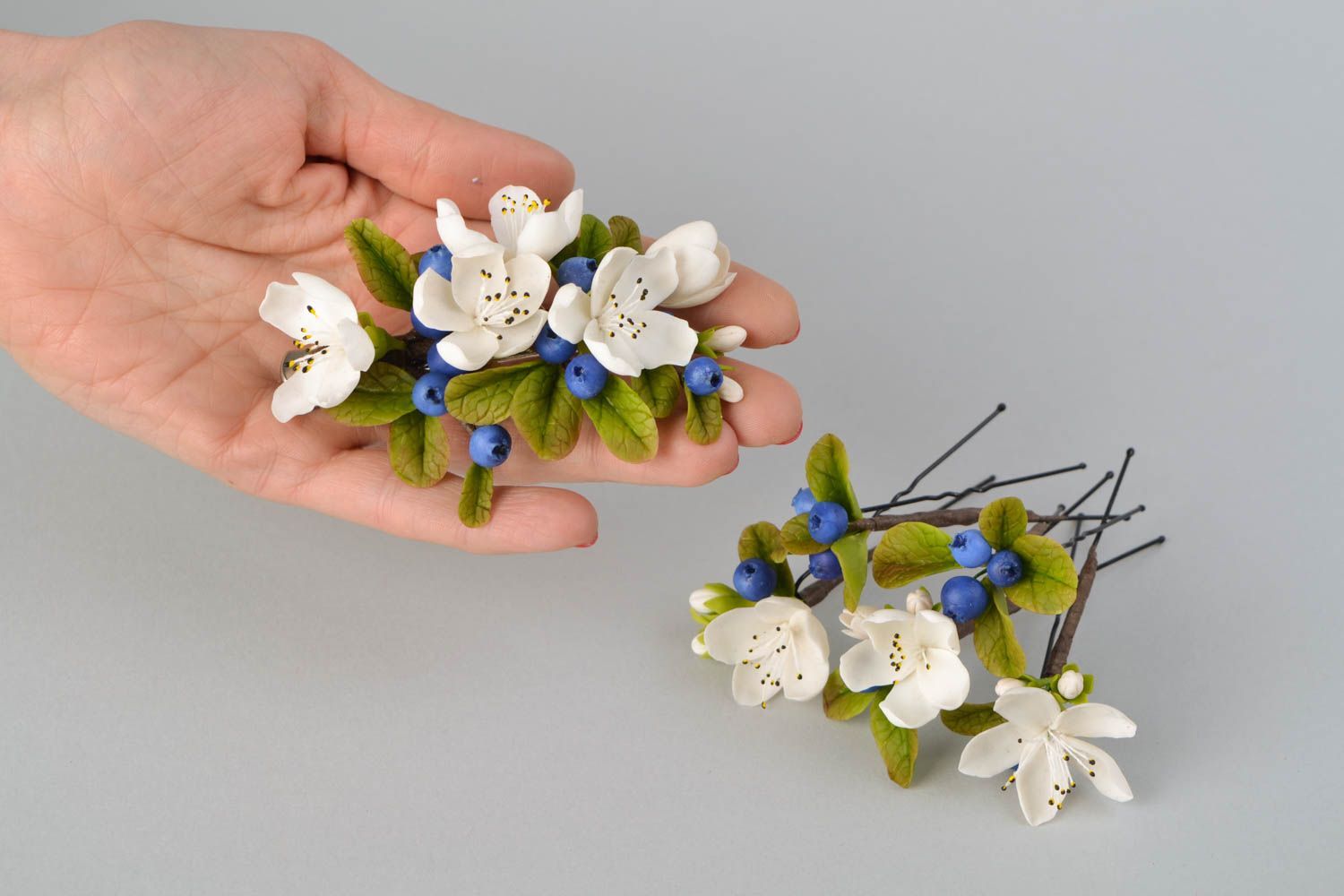 Hair clip and hair pins made of self-hardening Thai clay Apple Bloom and Blueberry photo 1