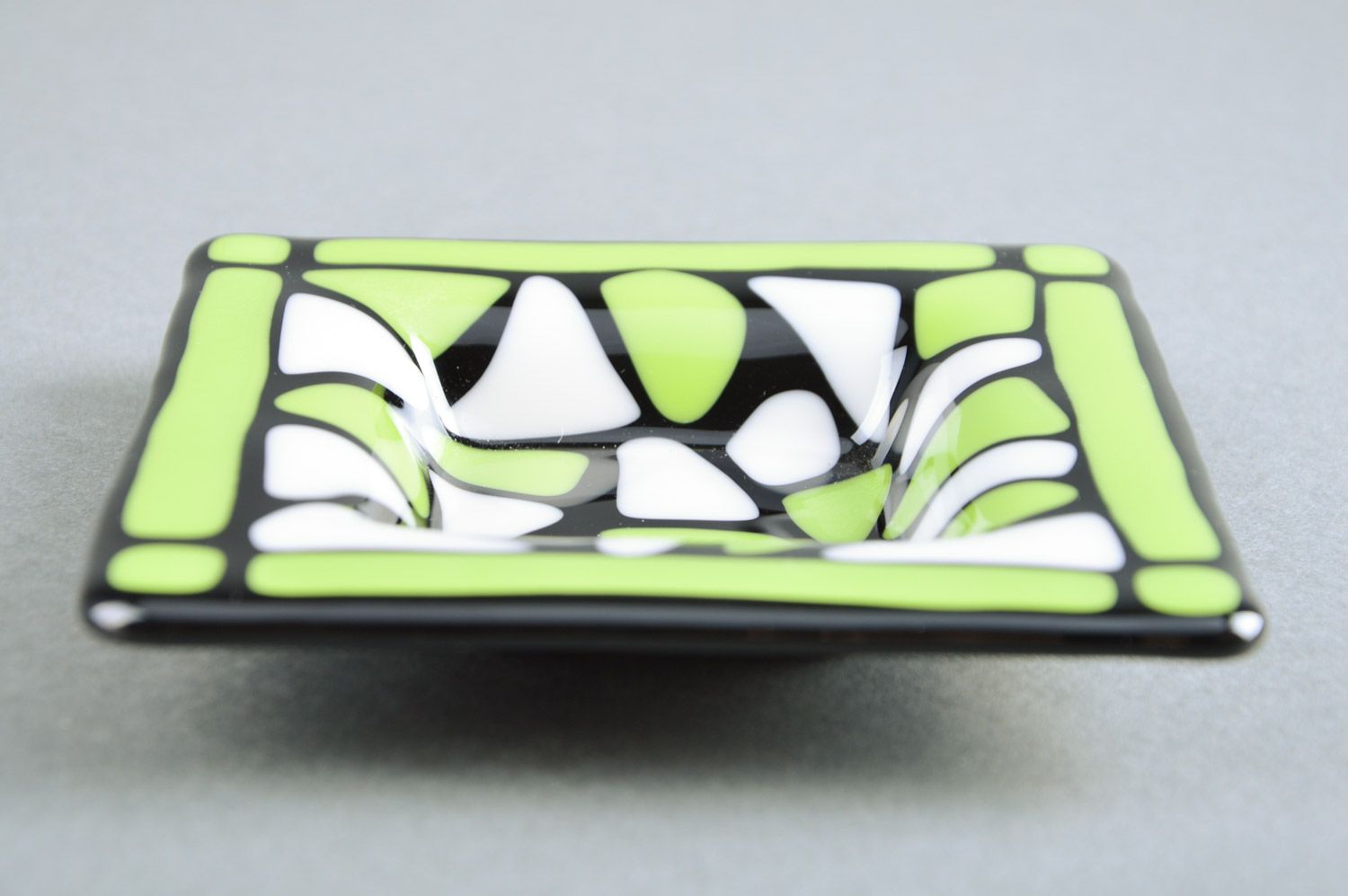Handmade decorative fused glass square ashtray in black and green colors photo 5