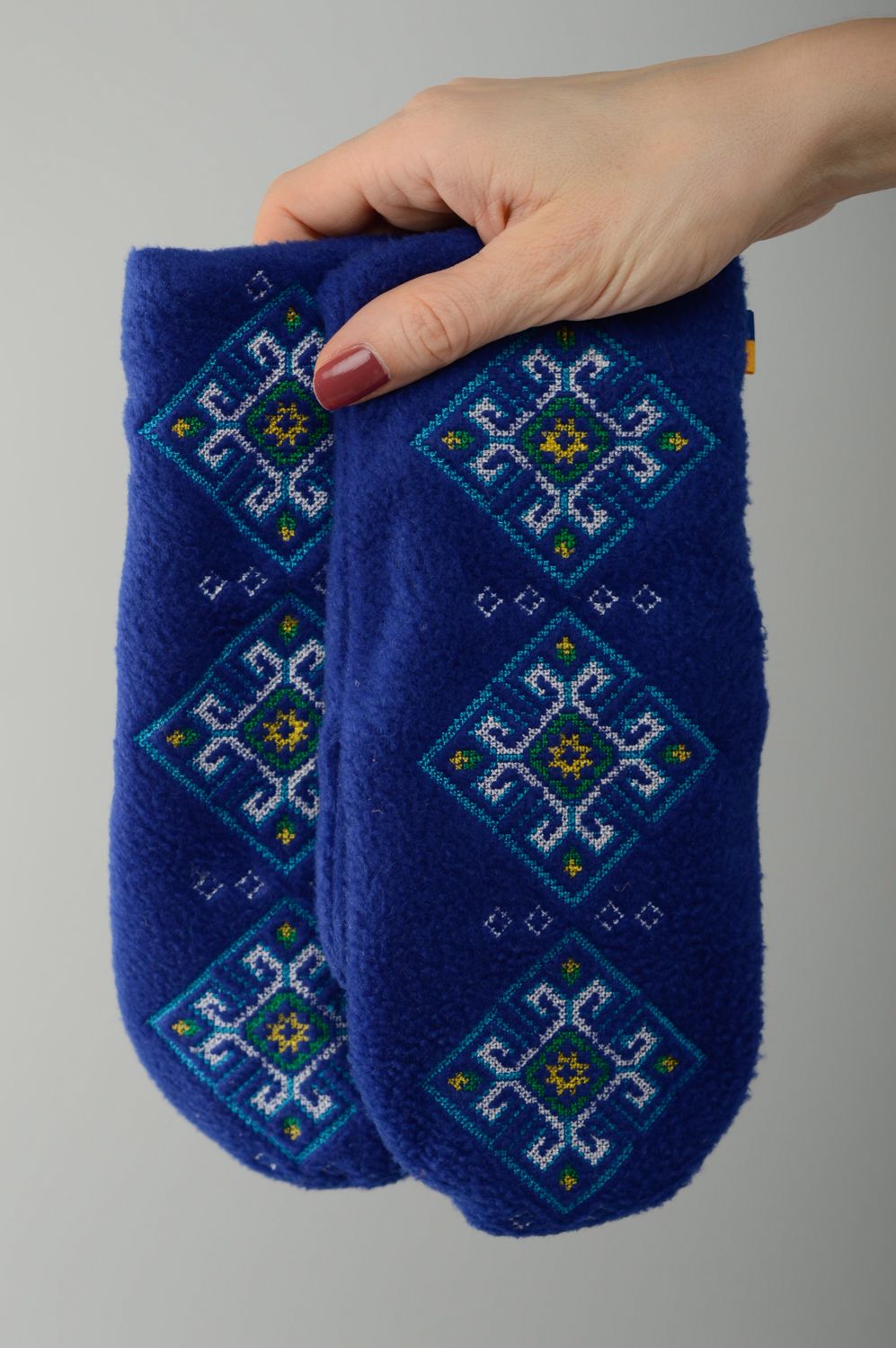 Blue warm fleece mittens with embroidery photo 4