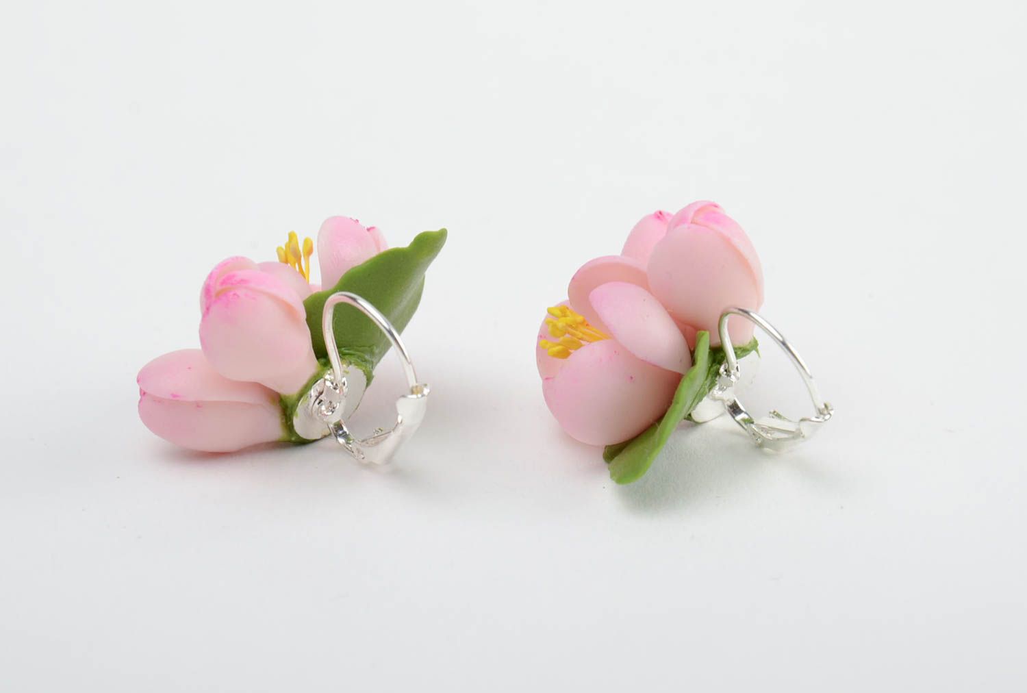 Handmade neat small earrings with tender pink cold porcelain apple flowers photo 4