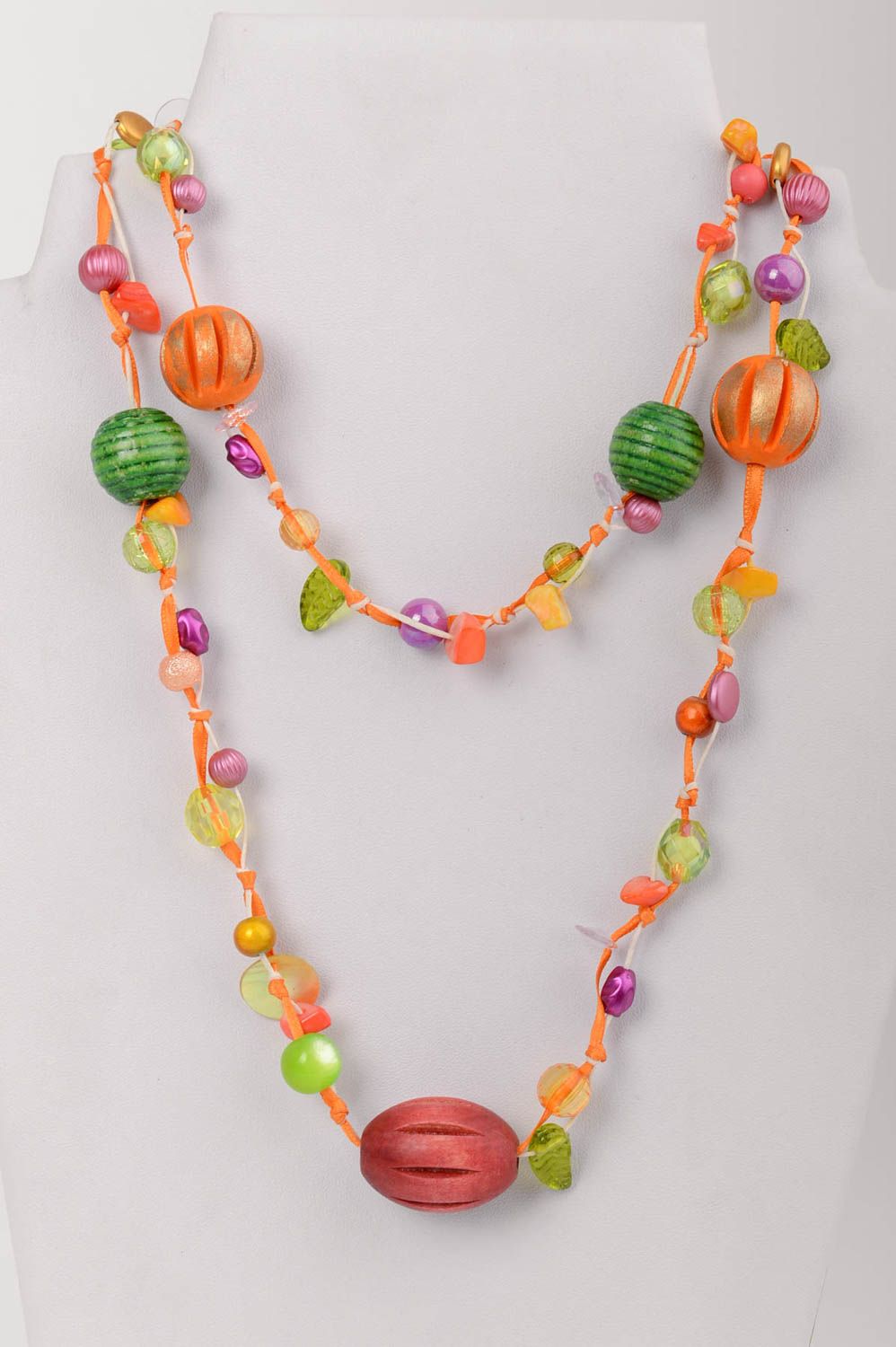 Handmade long designer necklace with colorful wooden and plastic beads photo 1