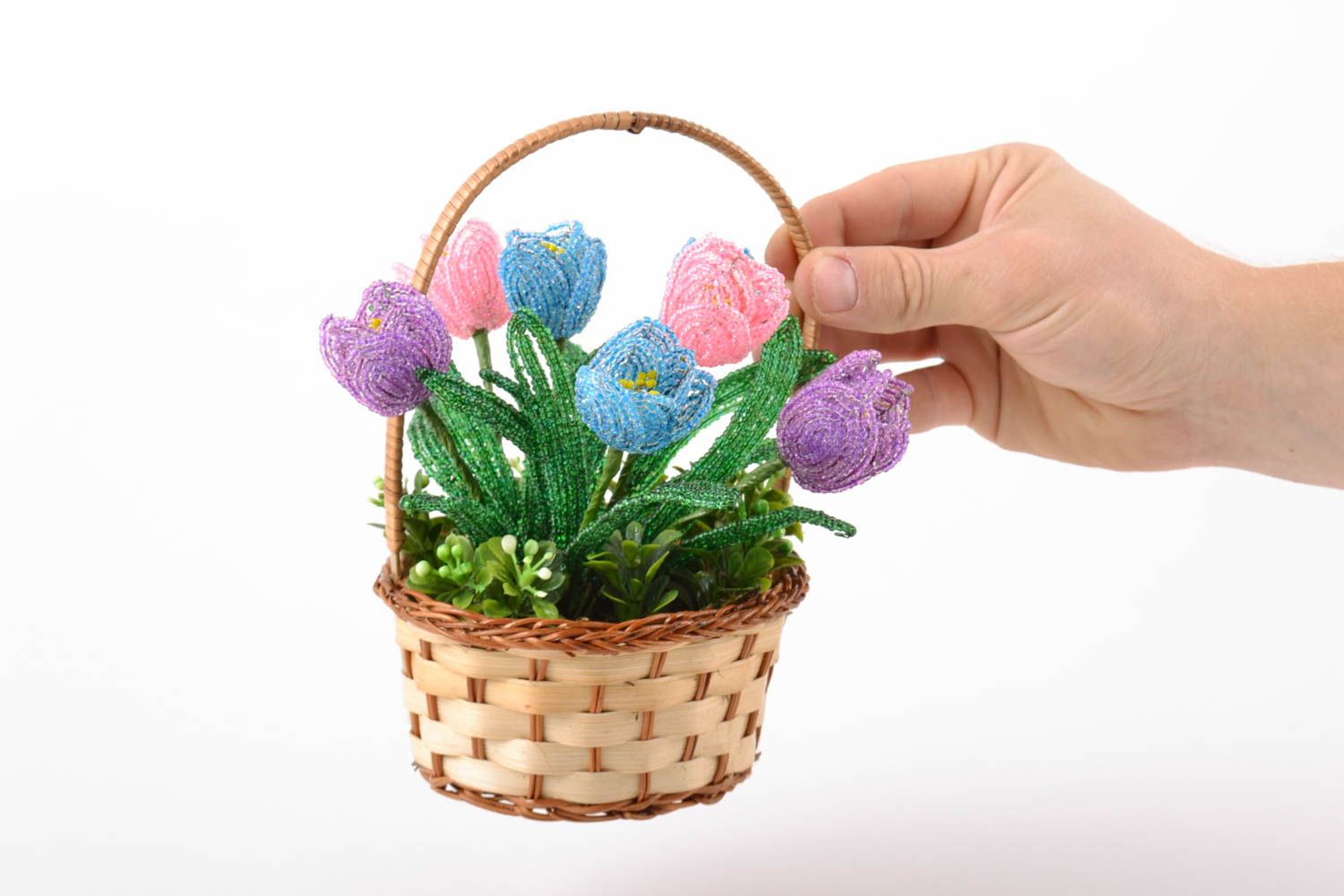 Handmade decorative basket with artificial beaded tender colorful crocus flowers photo 4
