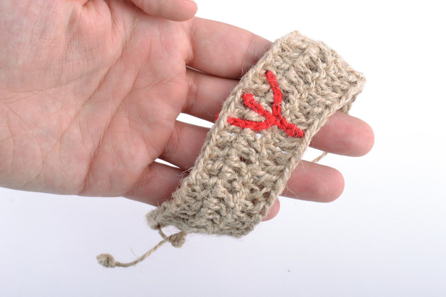 Handmade unusual wrist bracelet crochet of twine with rune and ties next-to-skin amulet photo 2