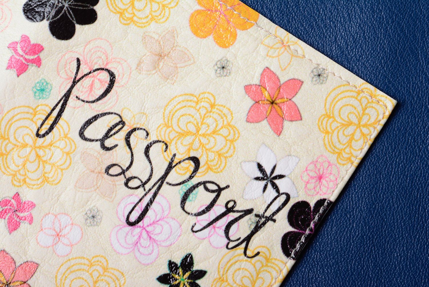 Homemade artificial leather passport cover with flower print photo 4