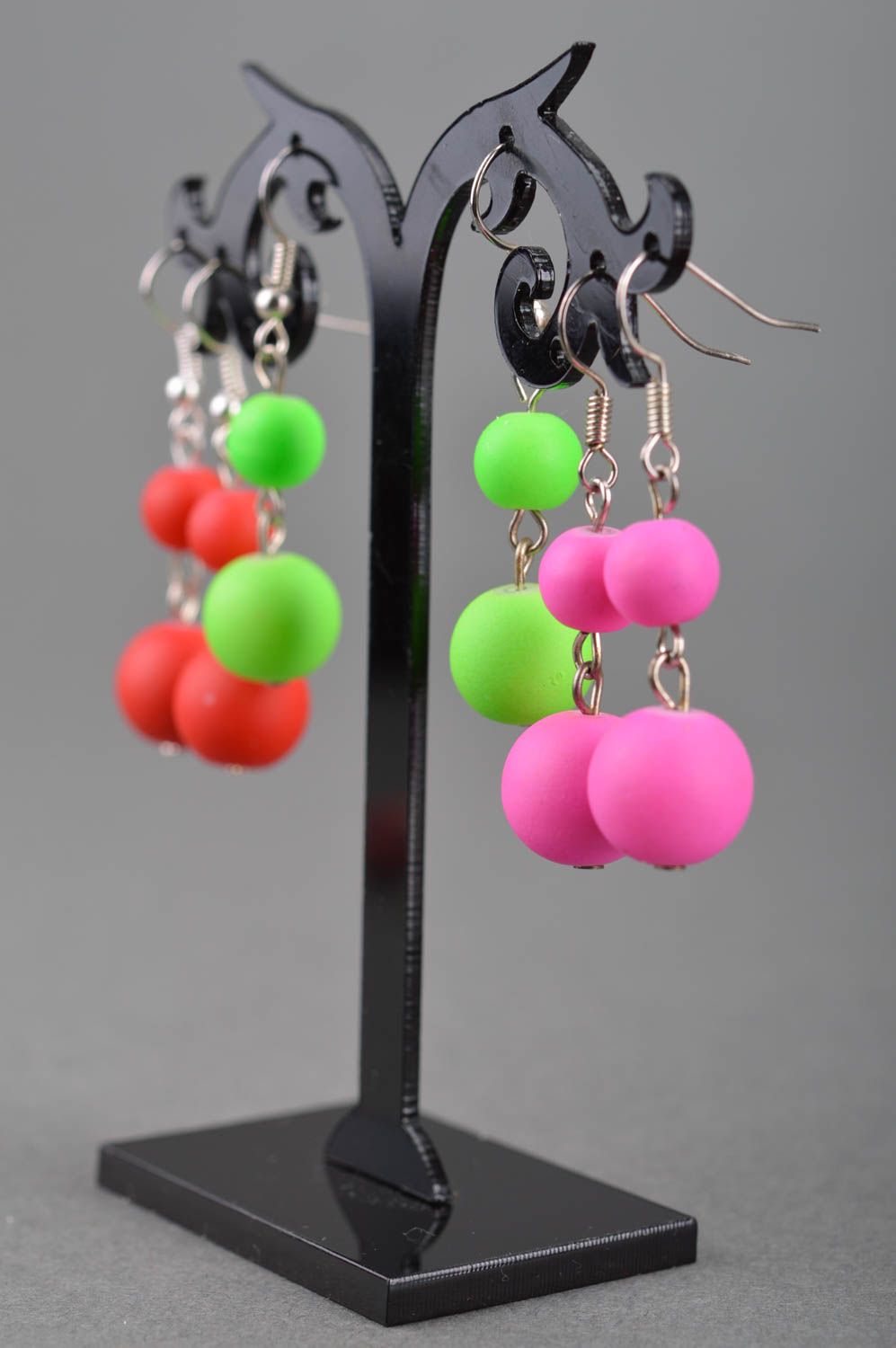 Set of handmade neon colorful beaded dangle earrings 3 pairs pink red green photo 5