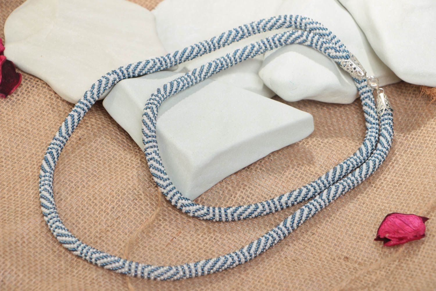 Handmade long white and blue striped beaded cord necklace for stylish women photo 1