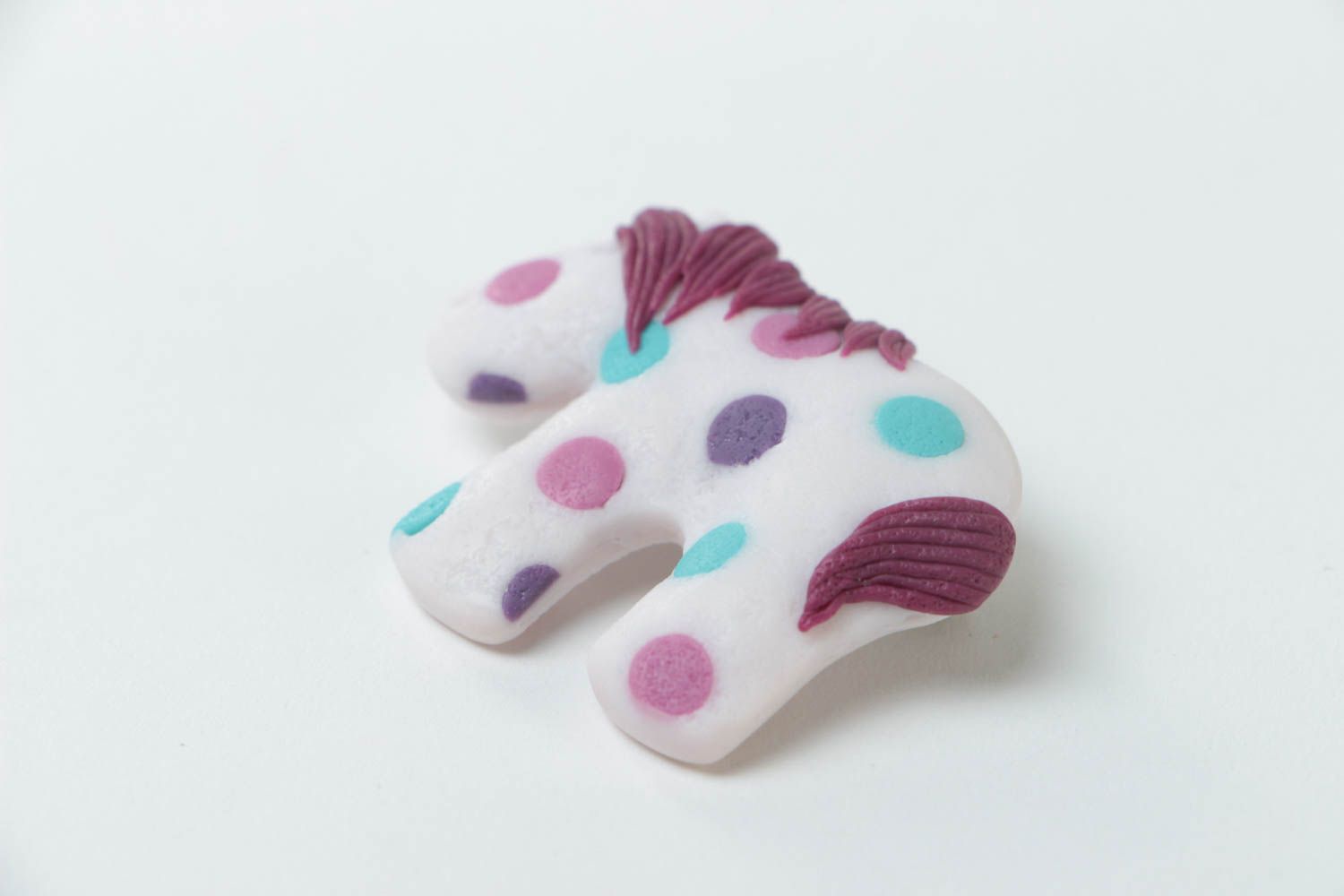 Handmade designer polymer clay brooch small white polka dot pony for children photo 3