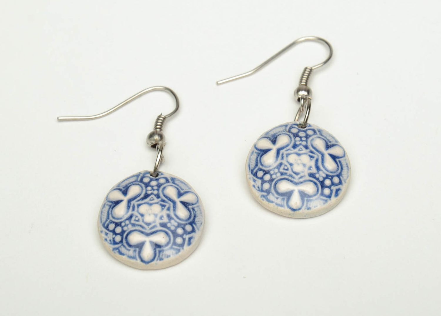 Unusual clay earrings painted with color enamels photo 2